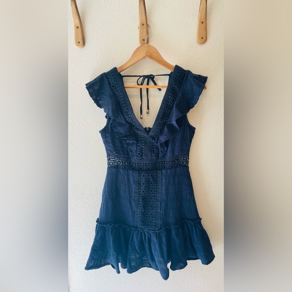 Blue Rain Crochet Flutter Sleeve Mini Dress in Navy Size Small - Picture 2 of 4